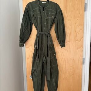 Ulla Johnson Olive Green Jumpsuit with White Contrast Stitching